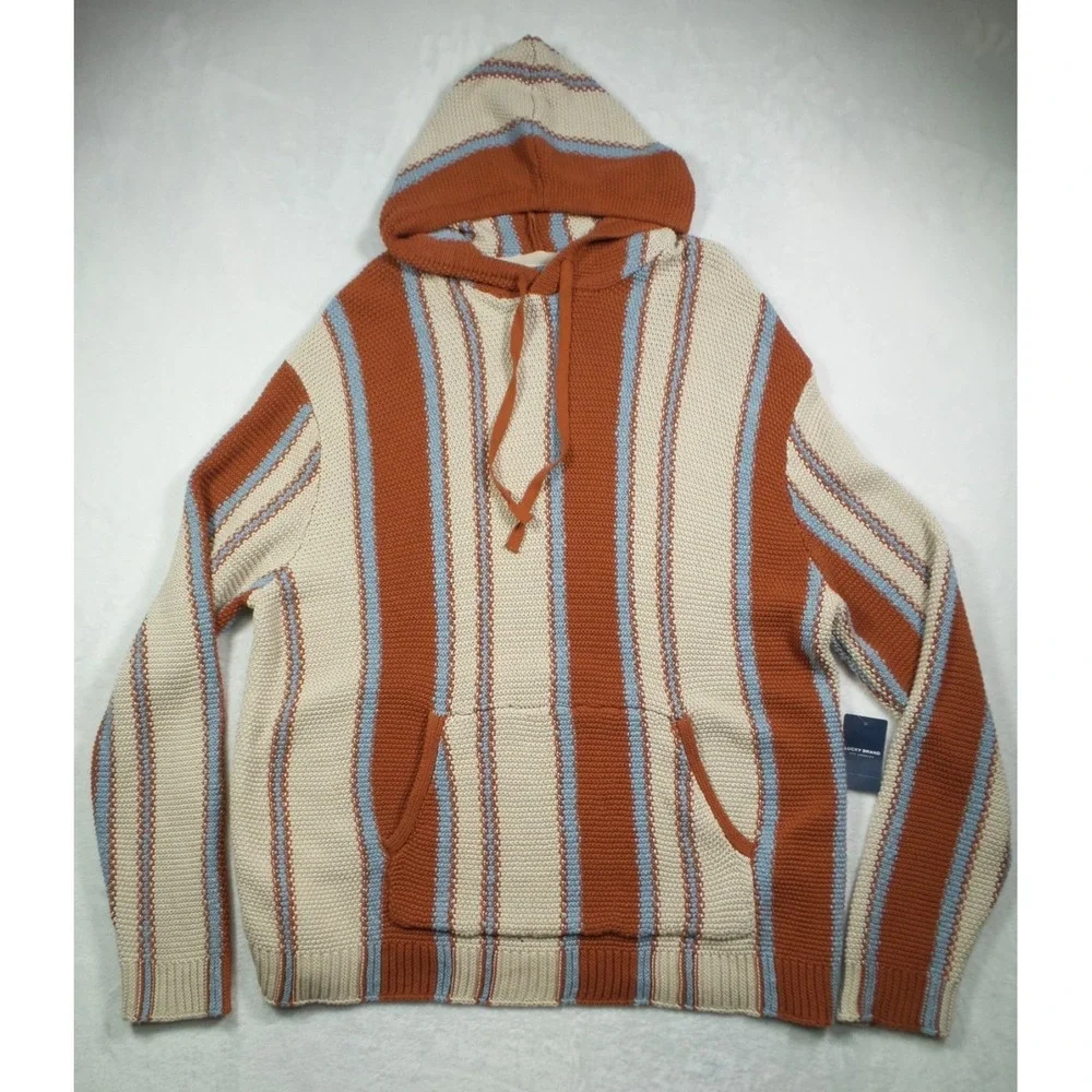Lucky Brand Sweater Mens Size Large Beige Orange Knit Baja Stripe Hooded NWT - Picture 1 of 12